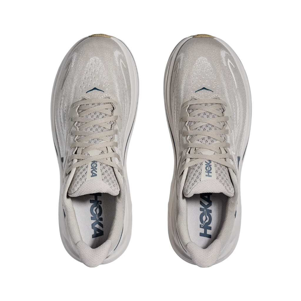 Top view of the HOKA Men’s Clifton 10 in Putty/Grout, showing the molded EVA sockliner, padded tongue, and double-lace lock system for secure, cushioned all-day comfort.