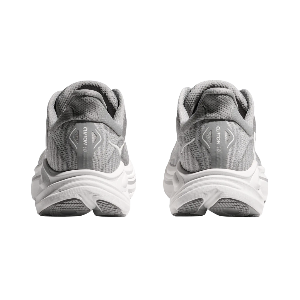 Heel view of the HOKA Men’s Clifton 10 in Stellar Grey/Stardust, highlighting the rearfoot-focused Active Foot Frame™ and padded heel collar for stable landings and secure support.
