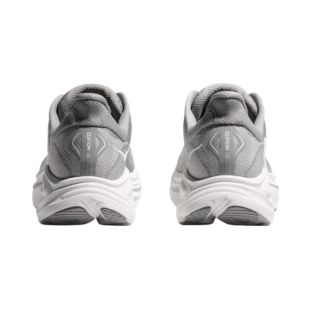 Heel view of the HOKA Men’s Clifton 10 in Stellar Grey/Stardust, highlighting the rearfoot-focused Active Foot Frame™ and padded heel collar for stable landings and secure support.