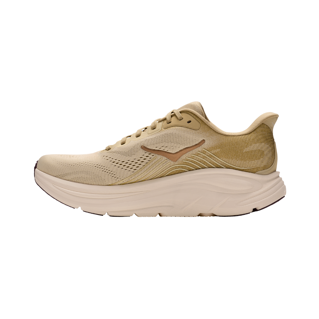 Side view of the Men's Hoka Clifton 11 in Barley Flour/Barley, featuring a breathable engineered mesh upper, lightweight compression-molded EVA foam midsole, MetaRocker™ geometry, and durable abrasion-resistant rubber outsole.