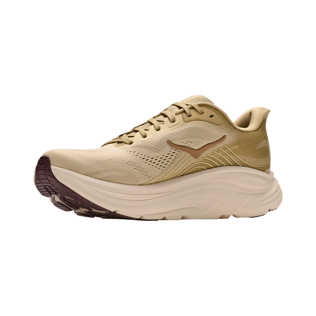 Side view of the Men's Hoka Clifton 11 in Barley Flour/Barley, featuring a breathable engineered mesh upper, lightweight compression-molded EVA foam midsole, MetaRocker™ geometry, and durable abrasion-resistant rubber outsole.