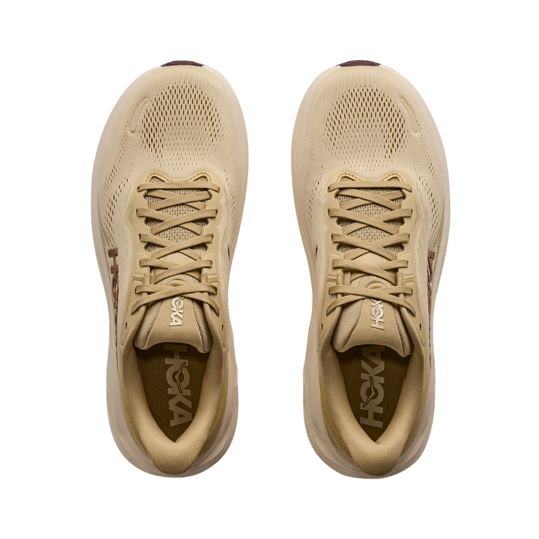 Top view of the Men's Hoka Clifton 11 in Barley Flour/Barley, displaying the engineered mesh upper, double-lace lock system, 3D silicone print overlays, and soft open-cell sockliner for a secure, comfortable fit.