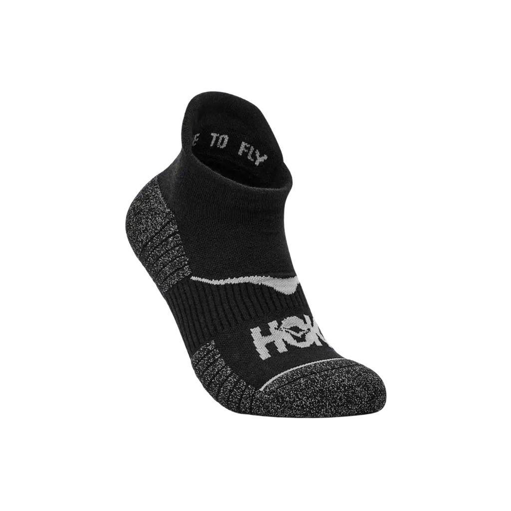 Front view of the HOKA Unisex No-Show Run Socks 3 Pack in Black, showcasing the low-profile height and streamlined design for running, walking, and everyday wear.