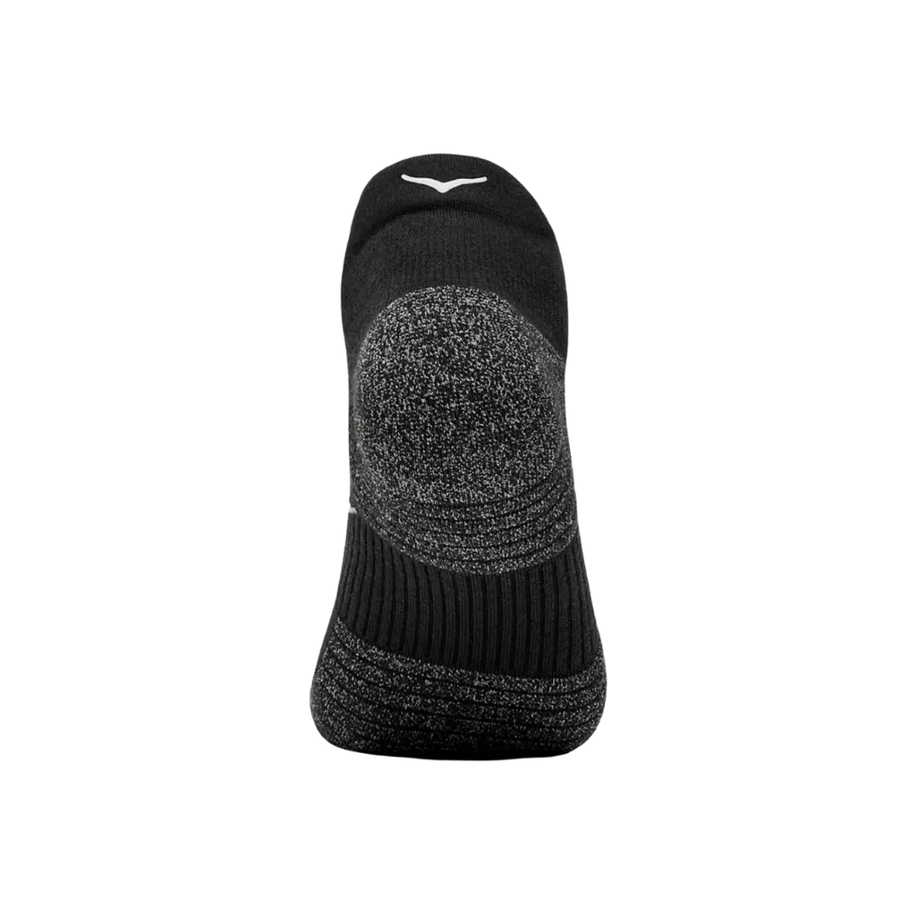 Back view of the HOKA Unisex No-Show Run Socks in Black, highlighting the reflective HOKA bird logo at the back and the low-profile design that pairs easily with athletic footwear.