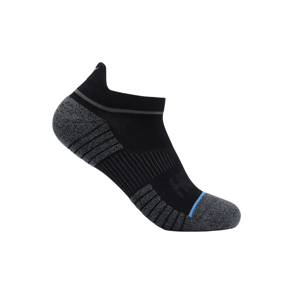 Side view of the HOKA Unisex No-Show Run Socks in Black, featuring the low-profile ankle-grazing design, form-fitting construction, and engineered arch support for a secure fit during running, walking, and training.