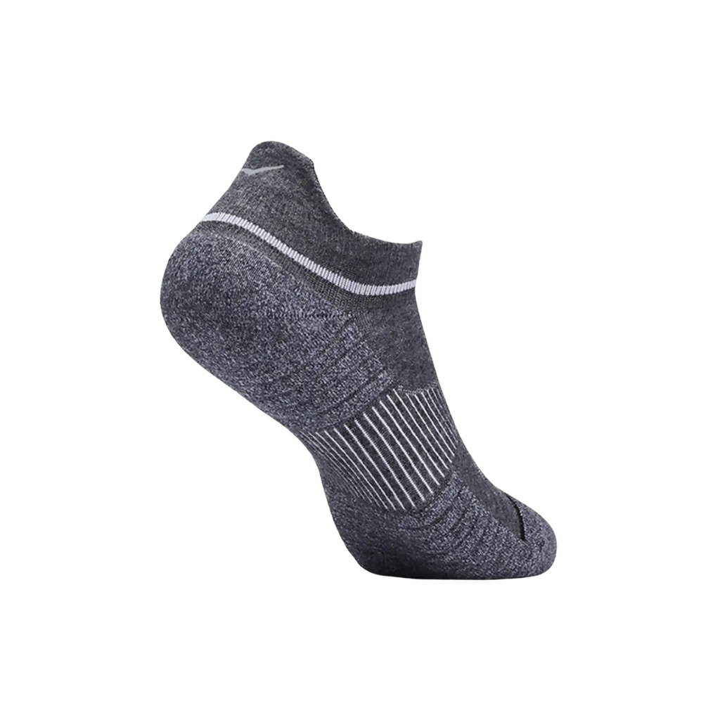 Side view of the HOKA Unisex No-Show Run Socks in Grey, featuring the low-profile ankle-grazing design, form-fitting construction, and engineered arch support for a secure fit during running, walking, and training.