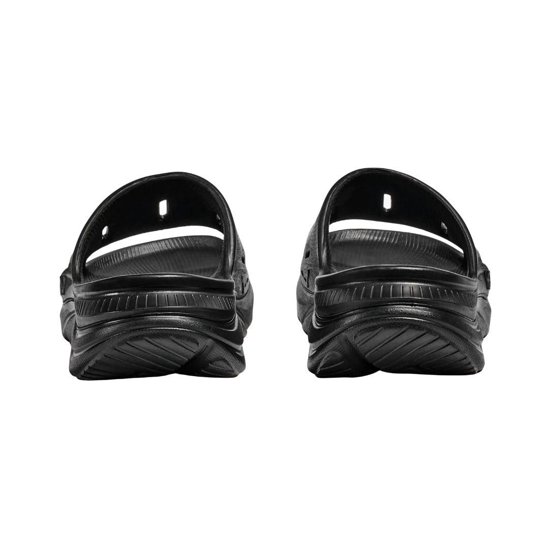 Rear view of the Unisex HOKA Ora Recovery Slide 3 in Black highlighting the refined heel shape, cushioned heel area, supportive EVA construction, and lightweight design for a comfortable, secure fit.