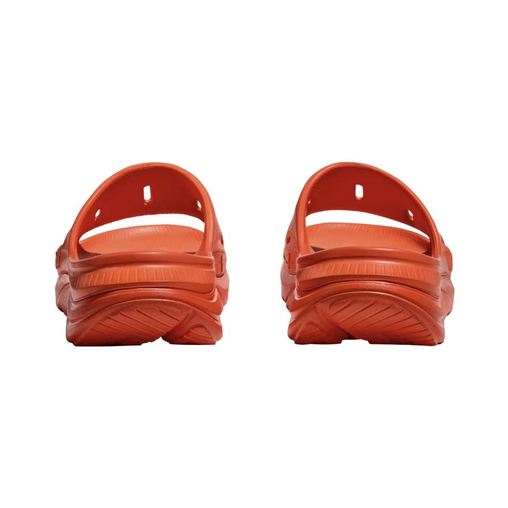 Rear view of the Unisex HOKA Ora Recovery Slide 3 in Orange highlighting the refined heel shape, cushioned heel area, supportive EVA construction, and lightweight design for a comfortable, secure fit.