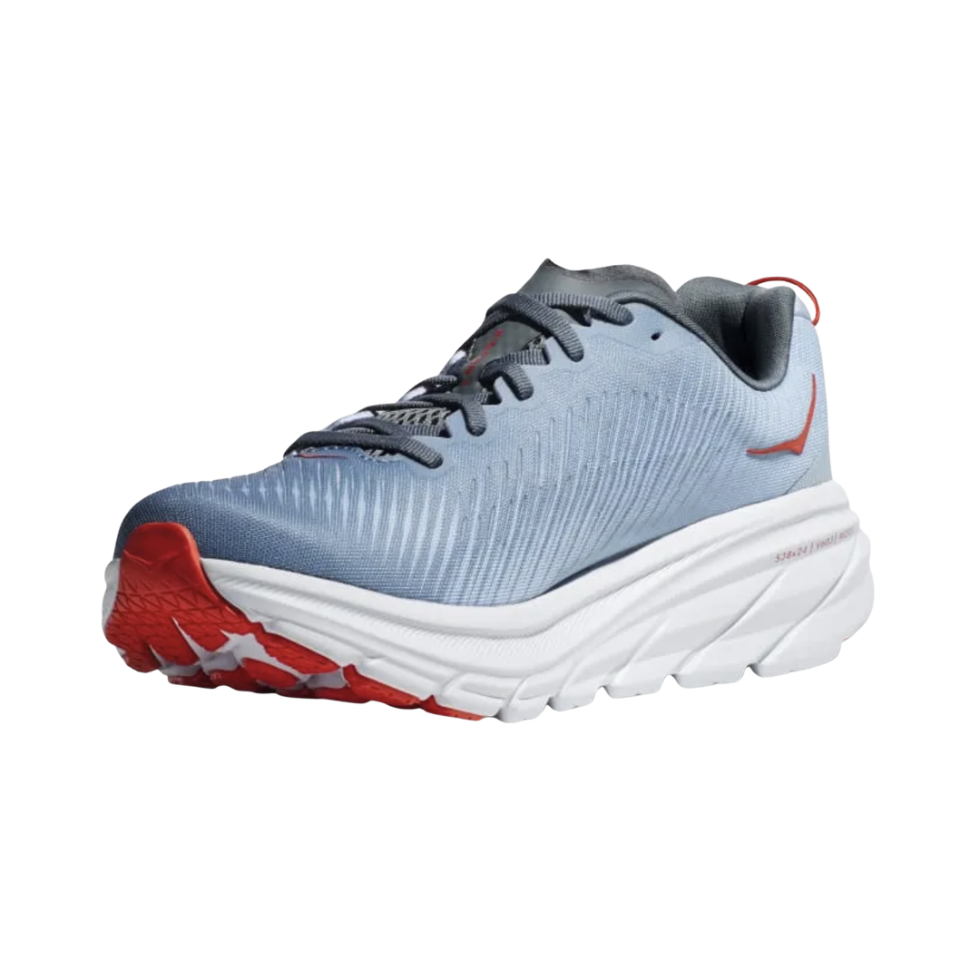Side view of the HOKA Men’s Rincon 3 in Mountain Spring/Summer Song, showcasing the lightweight engineered mesh upper, full-compression EVA midsole, and smooth Meta-Rocker geometry for fast, cushioned performance.