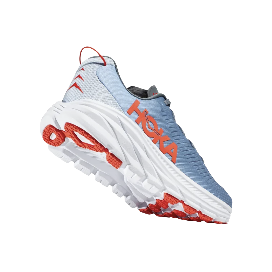 Bottom heel view of the HOKA Men’s Rincon 3 in Mountain Spring/Summer Song, highlighting the zonal rubber outsole placement designed to provide traction and durability while maintaining an ultra-light feel.