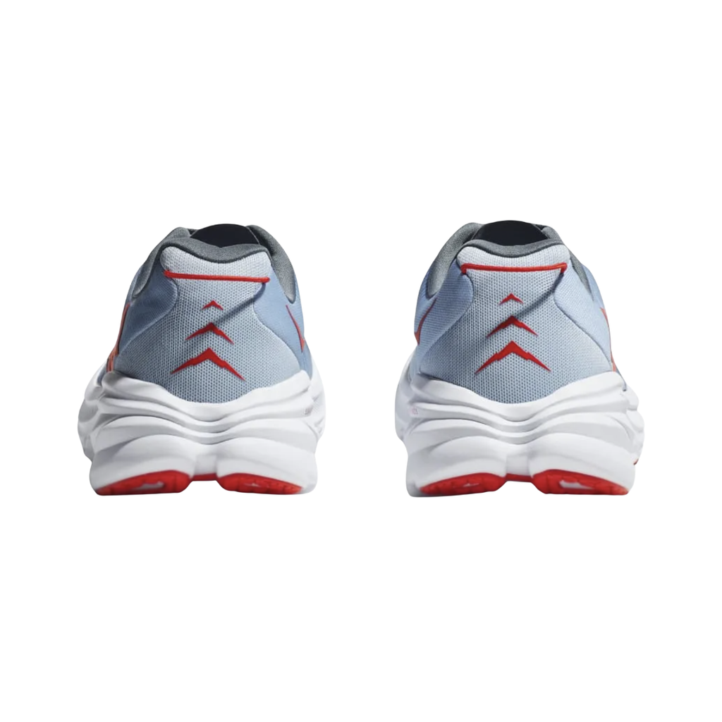 Heel view of the HOKA Men’s Rincon 3 in Mountain Spring/Summer Song, highlighting the streamlined heel structure and cushioned rearfoot design for lightweight stability.