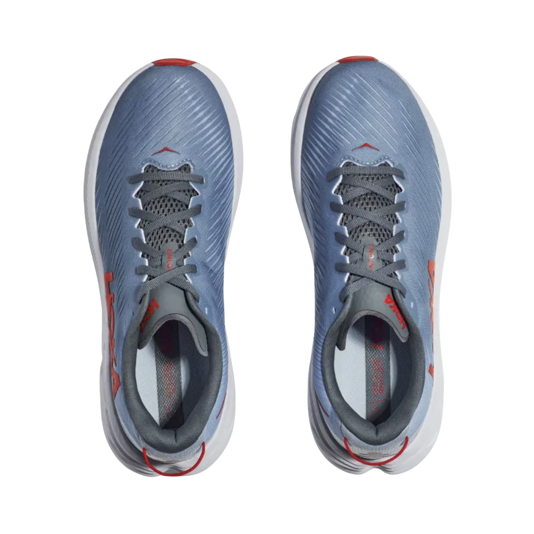 Top view of the HOKA Men’s Rincon 3 in Mountain Spring/Summer Song, showing the slimmed-down asymmetrical tongue construction and removable insole for lightweight comfort and orthotic compatibility.