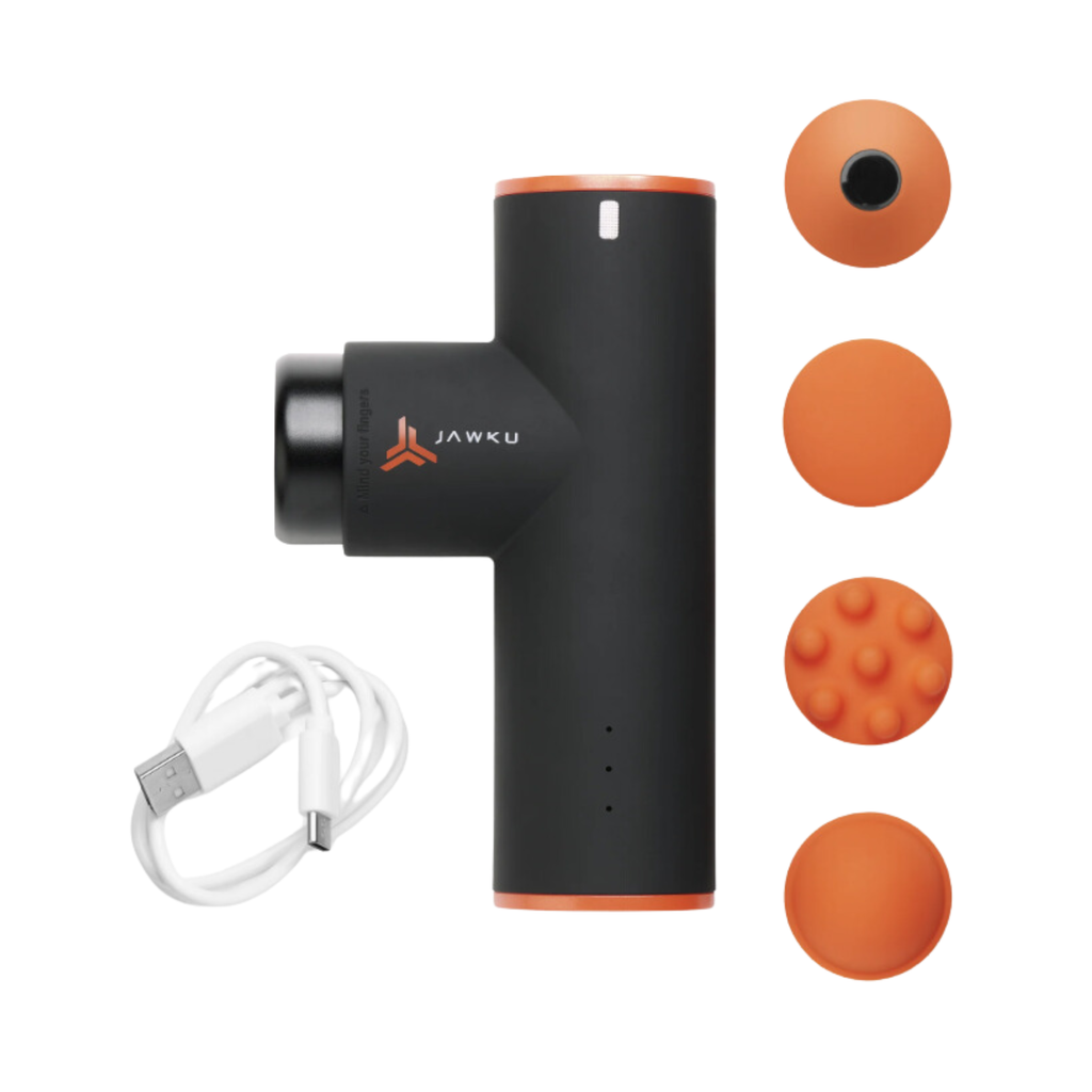 JAWKU Muscle Blaster Mini portable percussion massage gun featuring a compact lightweight design, ergonomic grip, powerful brushless motor, four adjustable speeds, and four interchangeable massage attachments for targeted muscle recovery.