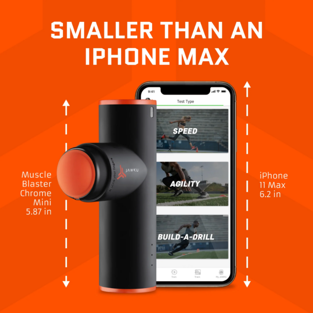 Comparison graphic showing the Muscle Blaster Chrome Mini massage device beside an iPhone 11 Max on an orange background. The Chrome Mini is labeled at 5.87 inches tall, shown smaller than the 6.2‑inch iPhone, highlighting its compact size.