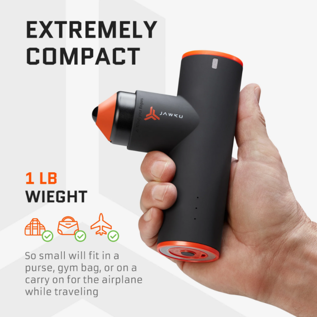 Hand holding a compact black-and-orange JAWKU massage gun against an orange background. Text highlights its 1‑pound weight and extremely compact size, with icons showing it fits easily in a backpack, purse, or carry‑on for travel.