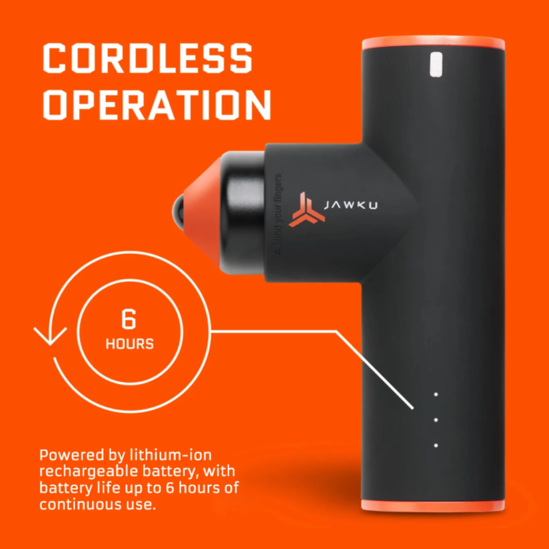 Black‑and‑orange JAWKU massage gun shown on an orange background with text highlighting its cordless operation and up to 6 hours of lithium‑ion battery life.