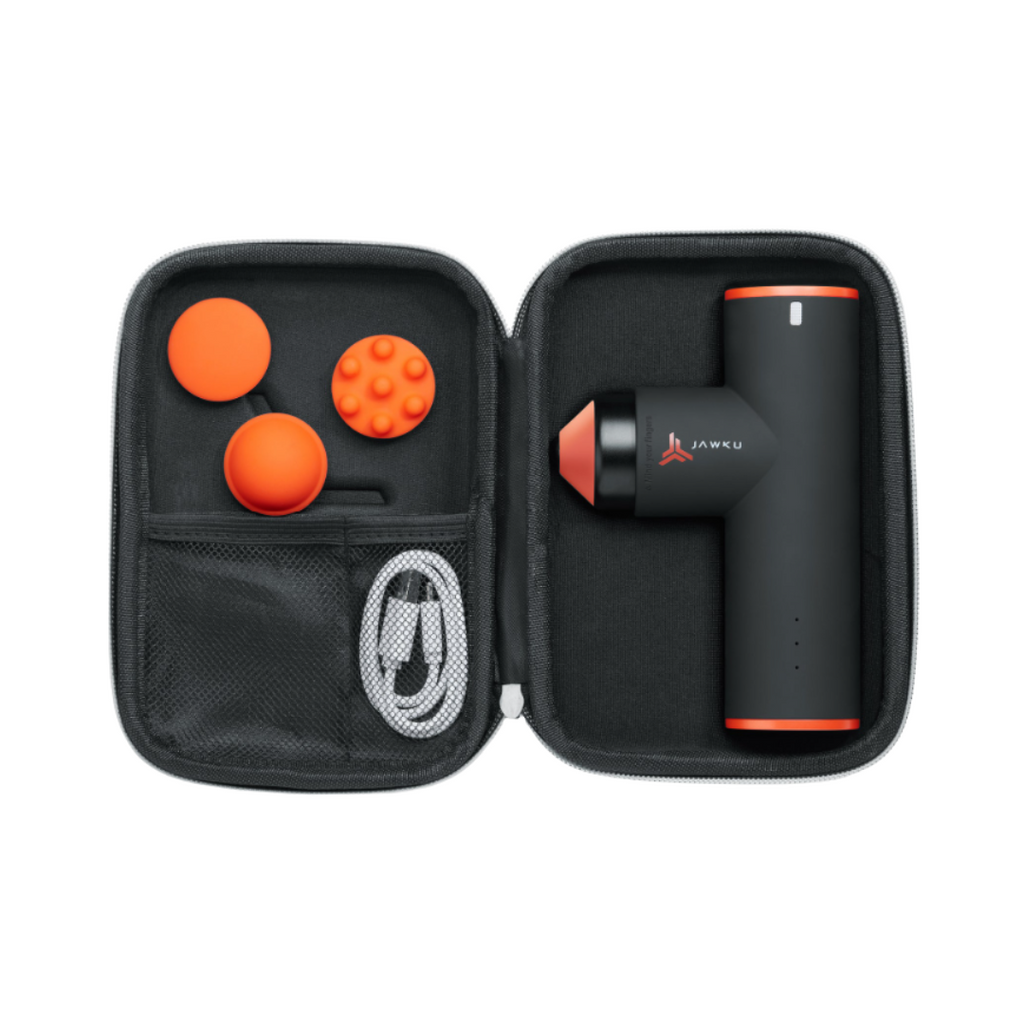 Open carrying case displaying the JAWKU Muscle Blaster Mini with three massage attachments and a charging cable neatly organized inside.