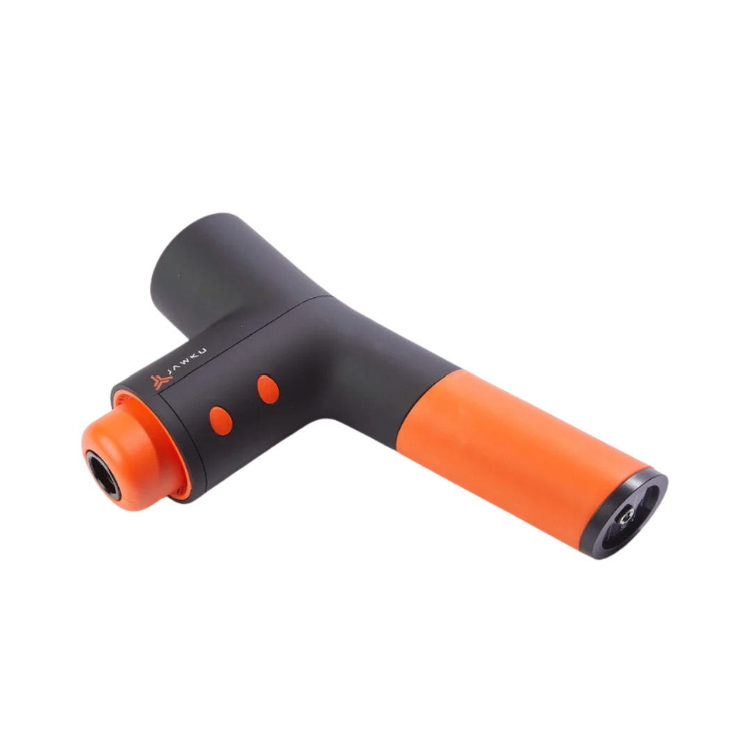 JAWKU Muscle Blaster V2 percussion massage gun featuring a high-torque motor, ergonomic lightweight design, five adjustable speed levels, and interchangeable attachments for targeted muscle recovery and deep tissue massage.