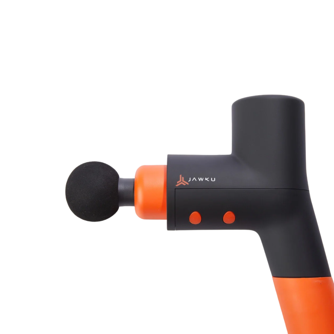 JAWKU Muscle Blaster V2 percussion massage gun featuring a high-torque motor, ergonomic lightweight design, five adjustable speed levels, and interchangeable attachments for targeted muscle recovery and deep tissue massage.