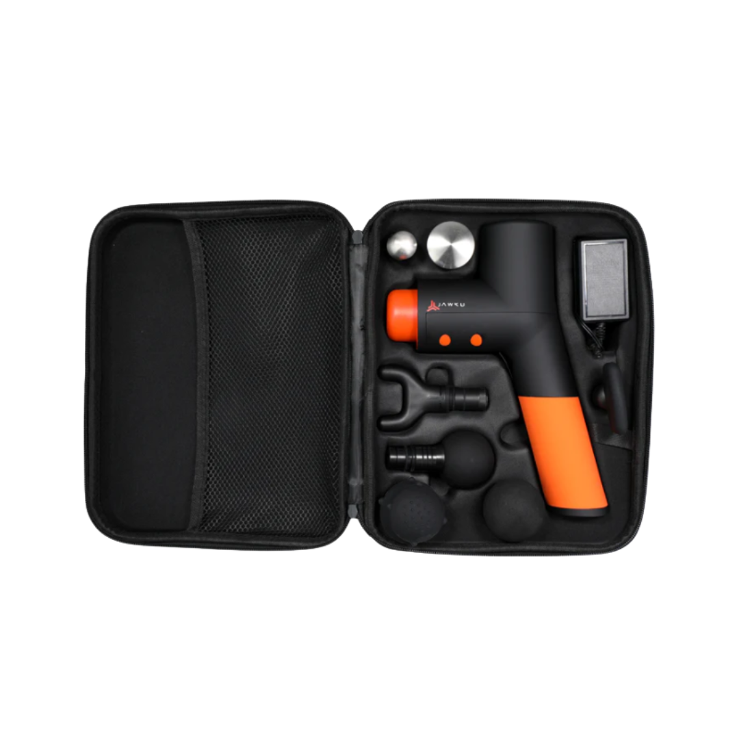 Open carrying case displaying the JAWKU Muscle Blaster V2 with multiple massage attachments and a charger organized neatly inside.