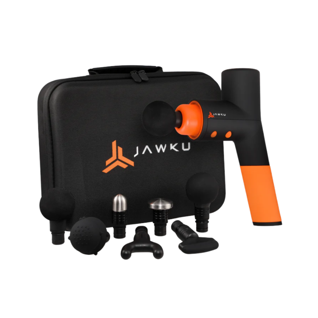JAWKU Muscle Blaster V2 set displayed on an orange background with the massage gun, six interchangeable attachments, and a branded carrying case arranged neatly.