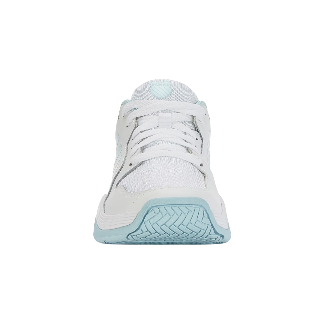 Front view of the K-Swiss Women's Court Express Pickleball in White/Blue showcasing the structured upper, secure lace-up design, reinforced toe area, and supportive construction built for quick lateral court movements.