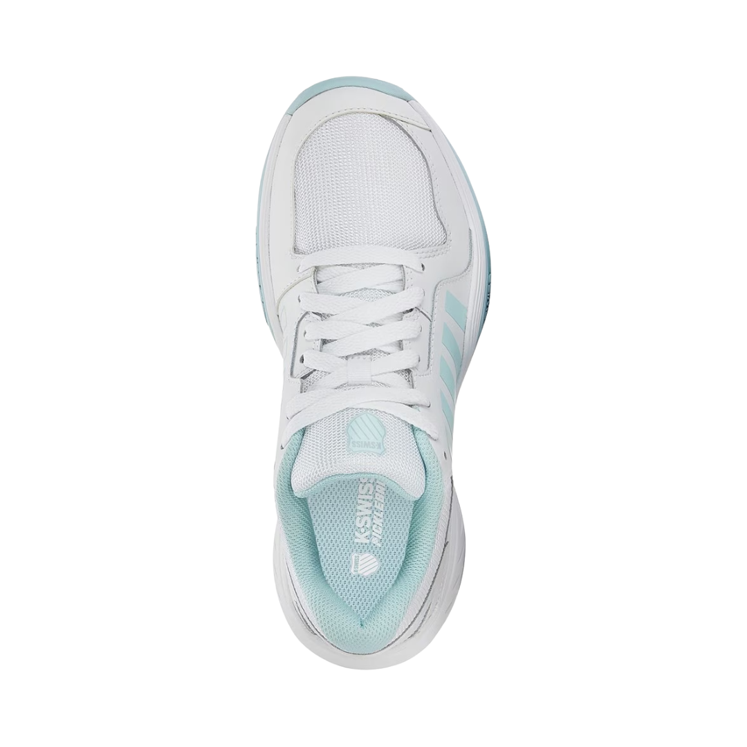 Top view of the K-Swiss Women's Court Express Pickleball in White/Blue displaying the supportive upper, secure lacing system, padded tongue, and removable insole that accommodates custom or over-the-counter orthotics.