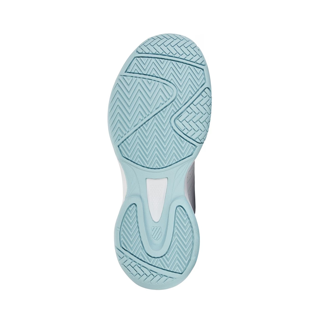 Bottom view of the K-Swiss Women's Court Express Pickleball in White/Blue highlighting the high-density AOSTA rubber outsole and court-specific tread pattern designed for traction, stability, and durability during pickleball play.