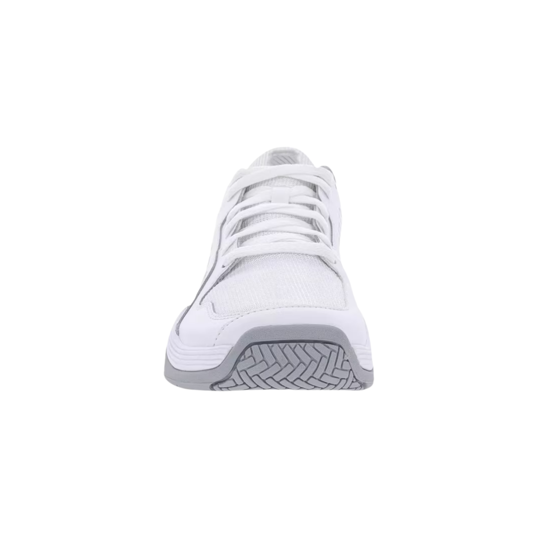 Front view of the K-Swiss Court Express Pickleball in White/Highrise showcasing the structured leather and synthetic upper, secure lace-up design, reinforced toe area, and supportive construction designed for quick court movements.