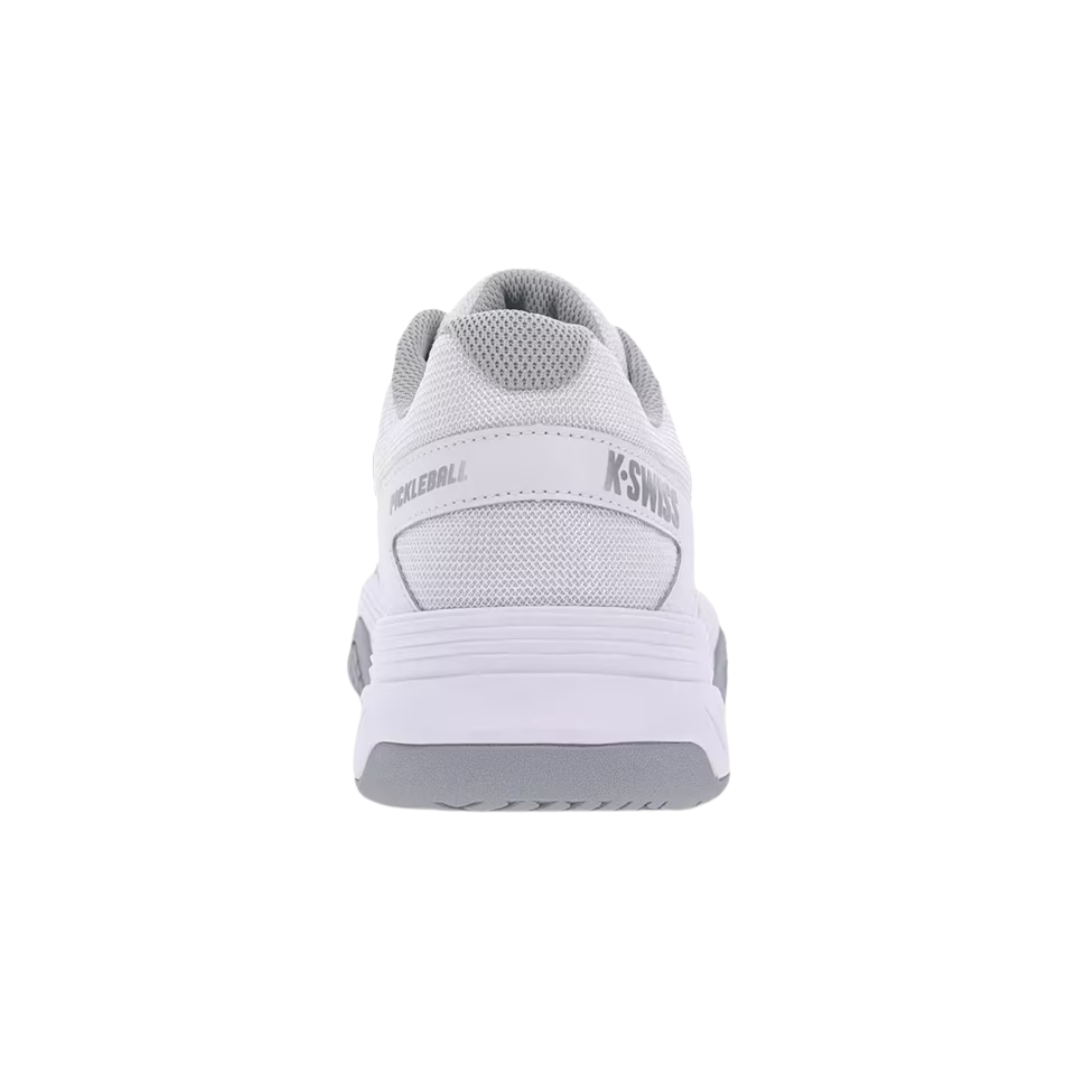 Rear view of the K-Swiss Court Express Pickleball in White/Highrise highlighting the reinforced heel, DragGuard protection, cushioned K-EVA midsole, and durable AOSTA rubber outsole built for repeated lateral movement.