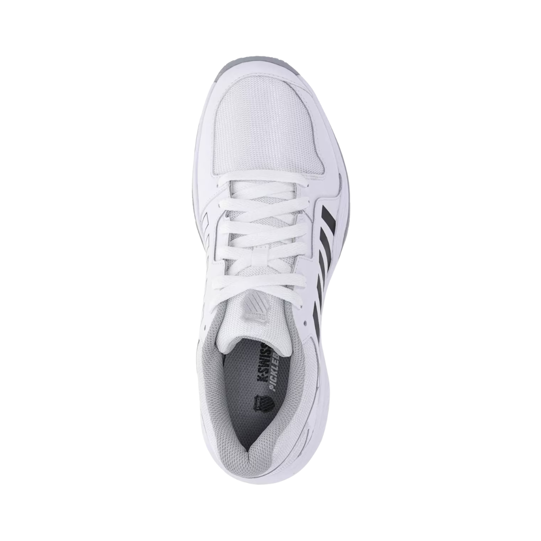 Top view of the K-Swiss Court Express Pickleball in White/Highrise displaying the supportive upper, secure lacing system, padded tongue, and removable insole designed to accommodate custom or over-the-counter orthotics.