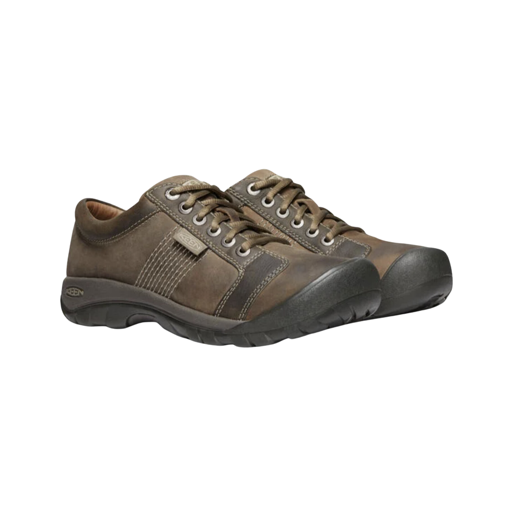 KEEN Men's Austin casual oxford shoe in Brindle/Bungee Cord featuring a water-resistant full-grain leather upper, wide toe box, Metatomical EVA footbed, and durable non-marking rubber outsole for everyday comfort.