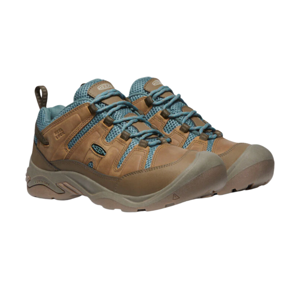 KEEN Women's Circadia Vent Hiking Shoe in Coconut/North Atlantic featuring ventilated mesh panels, a cushioned EVA midsole, and a high-traction rubber outsole for breathable comfort on the trail.