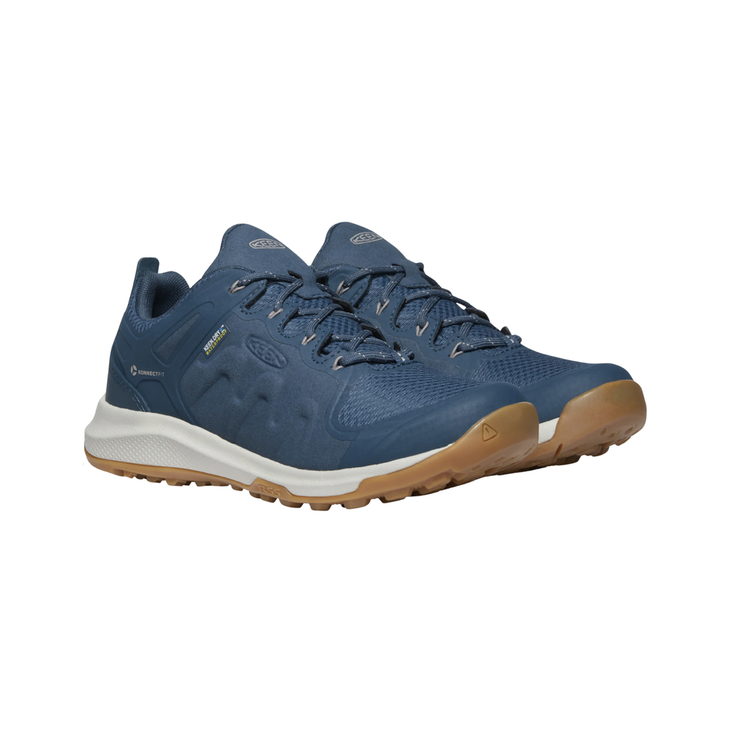 KEEN Women's Explore Waterproof Hiker in Majolica Blue/Satellite featuring a performance mesh upper with TPU overlays, waterproof construction, cushioned EVA midsole, and rugged rubber outsole.