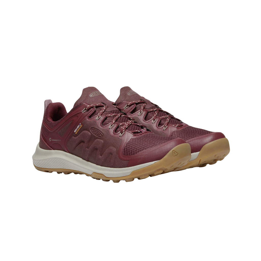 KEEN Women's Explore Waterproof Hiker in Tawny Port/Satellite featuring a performance mesh upper with TPU overlays, waterproof construction, cushioned EVA midsole, and rugged rubber outsole.