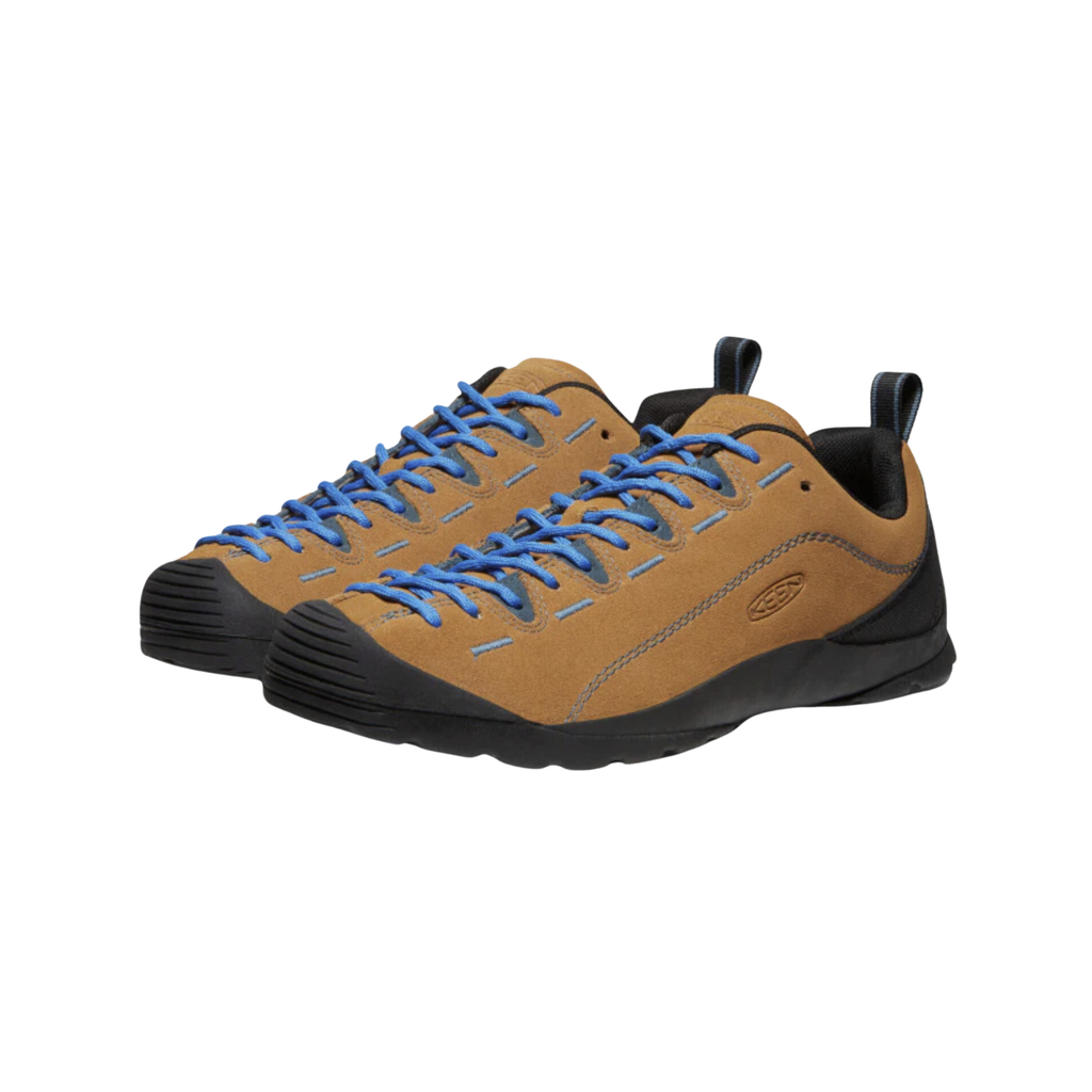 KEEN Men's Jasper Suede Sneaker in Cathay Spice/Orion Blue featuring a premium suede upper, extended lacing system, cushioned midsole, anatomical fit, and low-profile rubber outsole for versatile everyday wear.