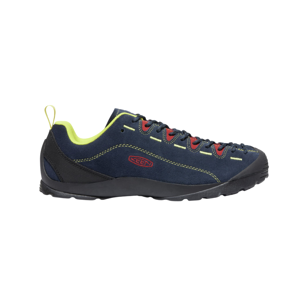KEEN Men's Jasper in Black Iris/Red Carpet featuring a durable suede upper, extended climbing-style lacing, cushioned EVA midsole, low-profile rubber outsole, and outdoor-inspired construction for everyday wear and travel.