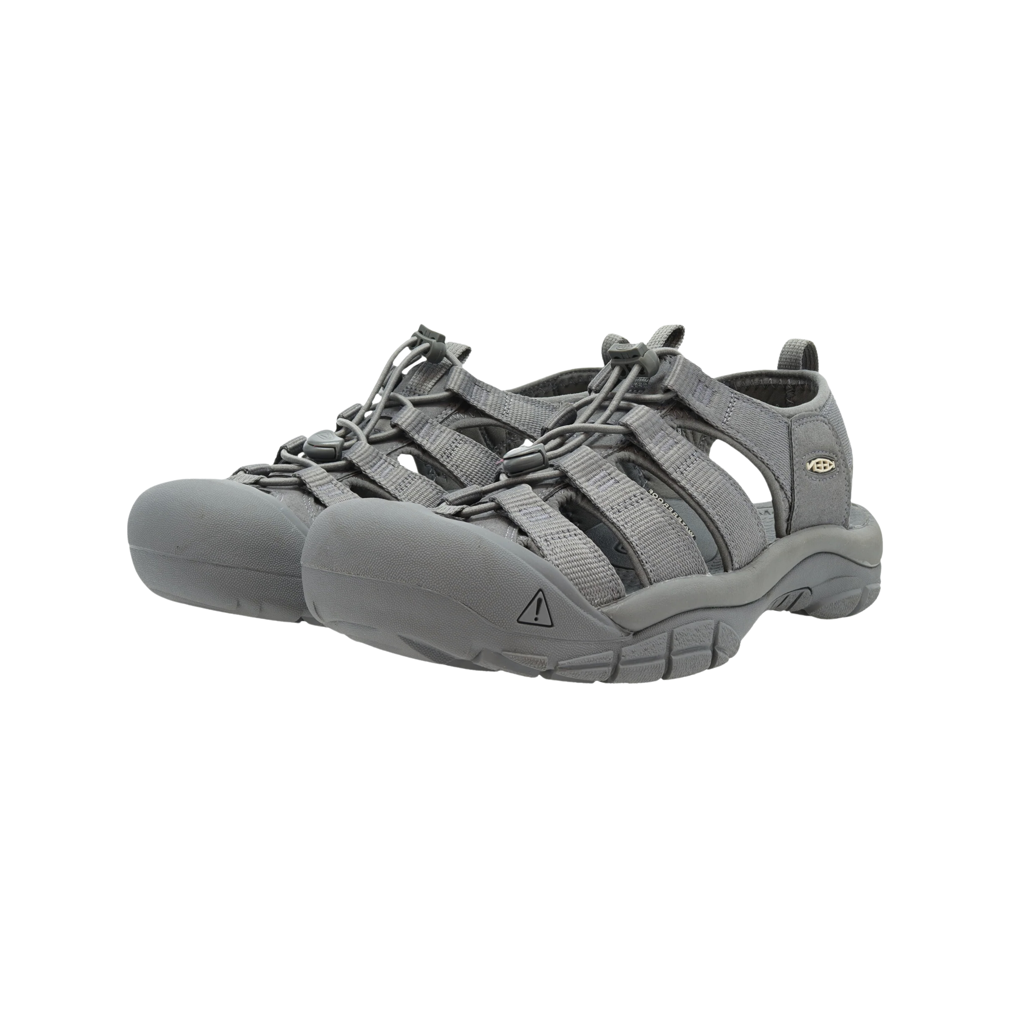Side view of the Men’s Keen Newport H2 in Monochrome/Steel, highlighting the secure-fit lace-capture system, washable polyester webbing upper, and signature Keen toe protection.