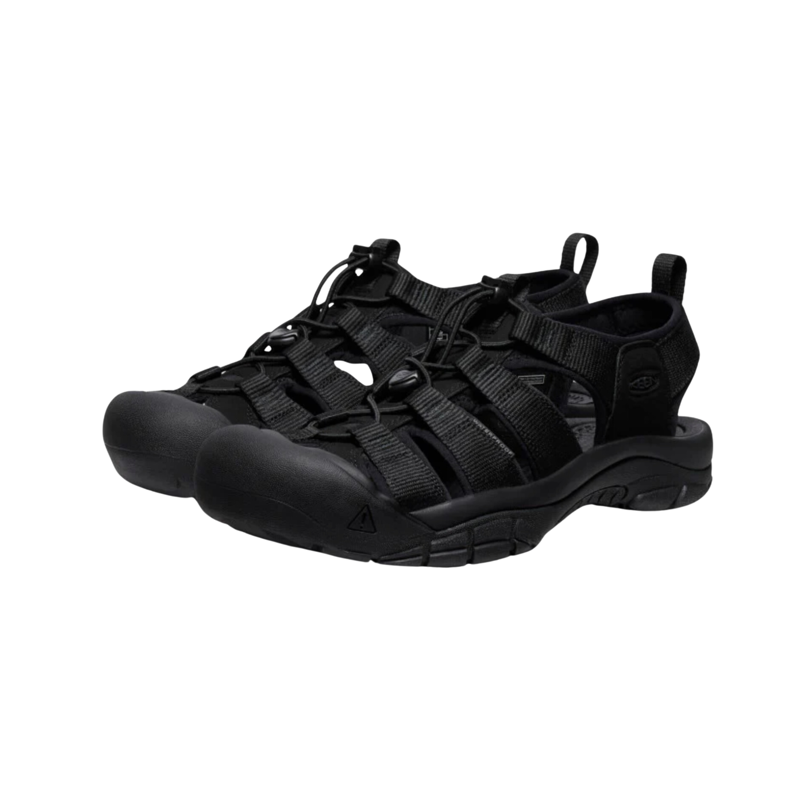 Side view of the Women’s Keen Newport H2 in Triple Black, highlighting the secure-fit lace-capture system, washable polyester webbing upper, and signature Keen toe protection.