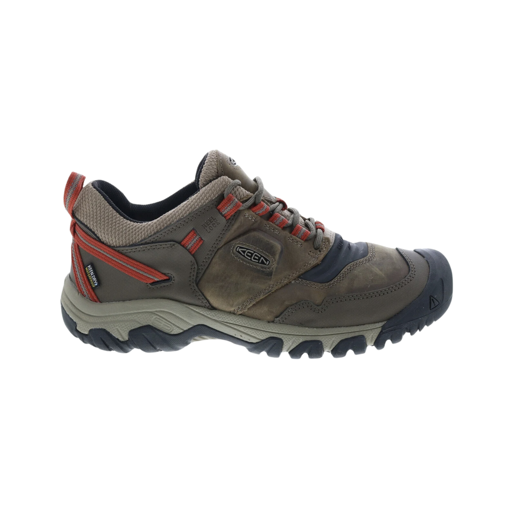 KEEN Men's RidgeFlex Waterproof Hiking Shoe in Timberwolf/Ketchup featuring a premium leather and performance mesh upper, KEEN.DRY waterproof membrane, Bellows Flex technology, cushioned EVA midsole, and rugged all-terrain outsole for challenging hikes.