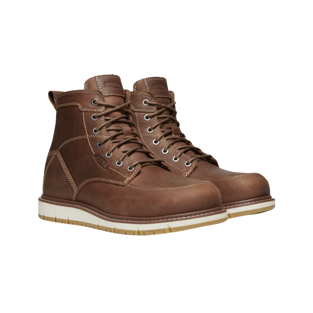 KEEN Men's San Jose 6-Inch Aluminum Toe Boot in Gingerbread/Gum featuring a premium leather upper, lightweight aluminum safety toe, 6-inch shaft, padded ankle collar, Luftcell cushioning, and durable gum-colored rubber outsole for demanding work environments.