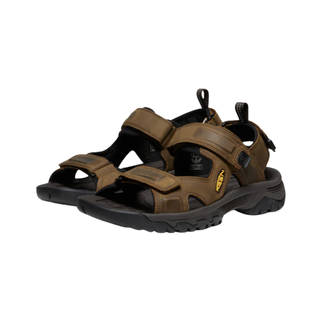 KEEN Men's Targhee III Open Toe Sandal in Bison/Mulch featuring a premium leather and quick-dry webbing upper, adjustable hook-and-loop straps, contoured Metatomical EVA footbed, and rugged non-marking rubber outsole for trail adventures and everyday wear.