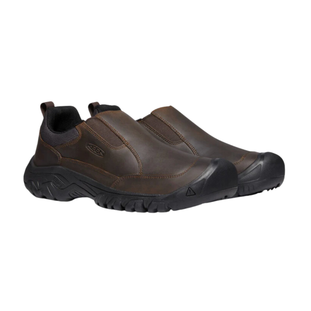 KEEN Men's Targhee III Slip-On in Dark Earth featuring a premium waterproof leather upper, elastic gore panels, and a rugged rubber outsole with multi-directional lugs.