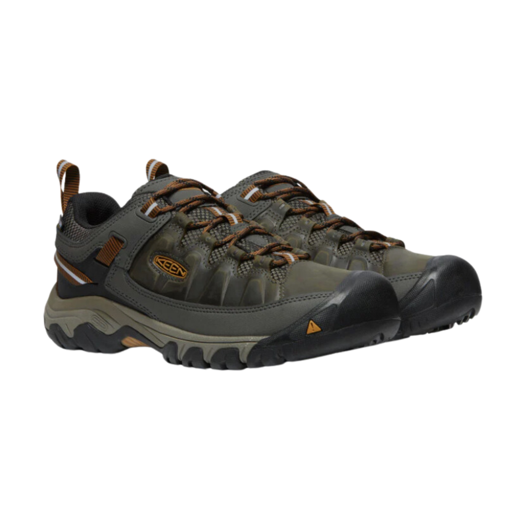 KEEN Men's Targhee III Waterproof Hiking Shoe in Black Olive/Golden Brown featuring a premium nubuck leather upper, KEEN.Dry waterproof protection, and a rugged all-terrain rubber outsole.