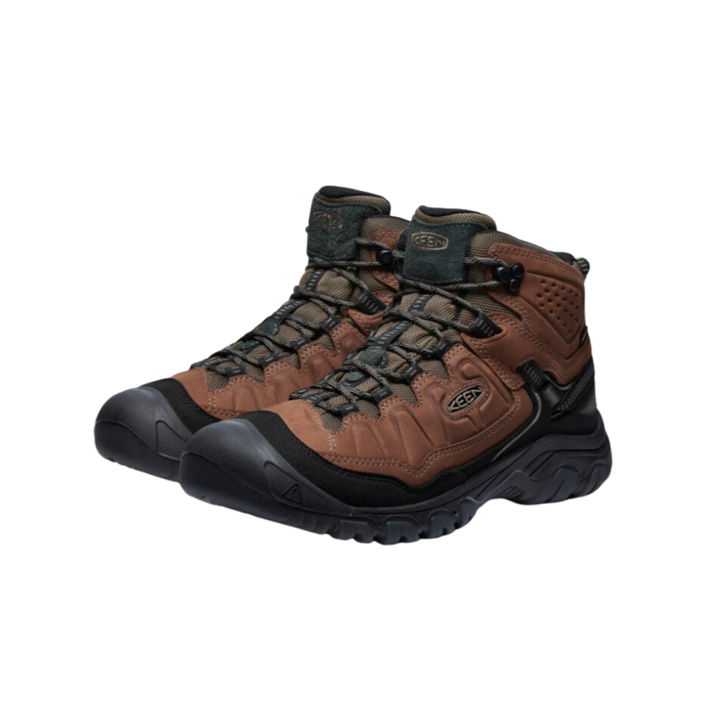 KEEN Men's Targhee IV Mid Waterproof Boot in Bison/Black featuring a premium environmentally preferred leather upper, KEEN.DRY waterproof protection, and a rugged all-terrain rubber outsole.