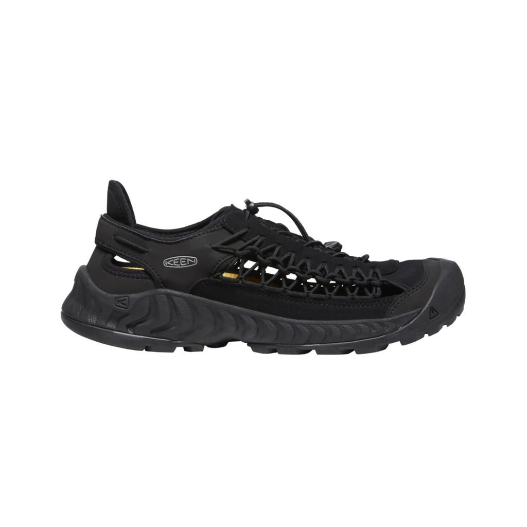 KEEN Men's Uneek NXIS Sandal in Triple Black featuring innovative two-cord construction, a lightweight EVA midsole, and a high-traction rubber outsole for casual outdoor comfort.