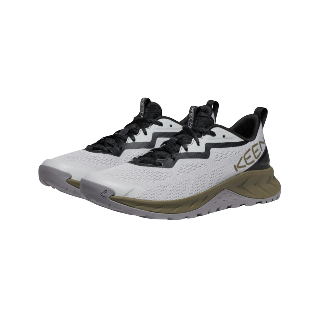 KEEN Men's Versacore Speed in Vapor/Dark Olive featuring a lightweight breathable mesh upper, cushioned EVA midsole, and all-terrain rubber outsole with multi-directional lugs.