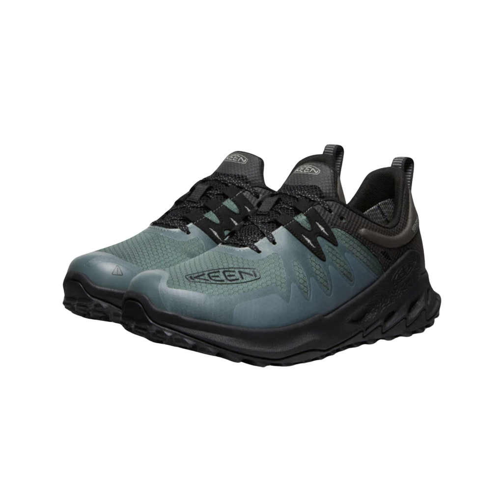 KEEN Men's Zionic Waterproof Hiking Shoe in Dark Forest/Black featuring a lightweight performance mesh upper, KEEN.DRY waterproof protection, and a rugged rubber outsole with multi-directional lugs.