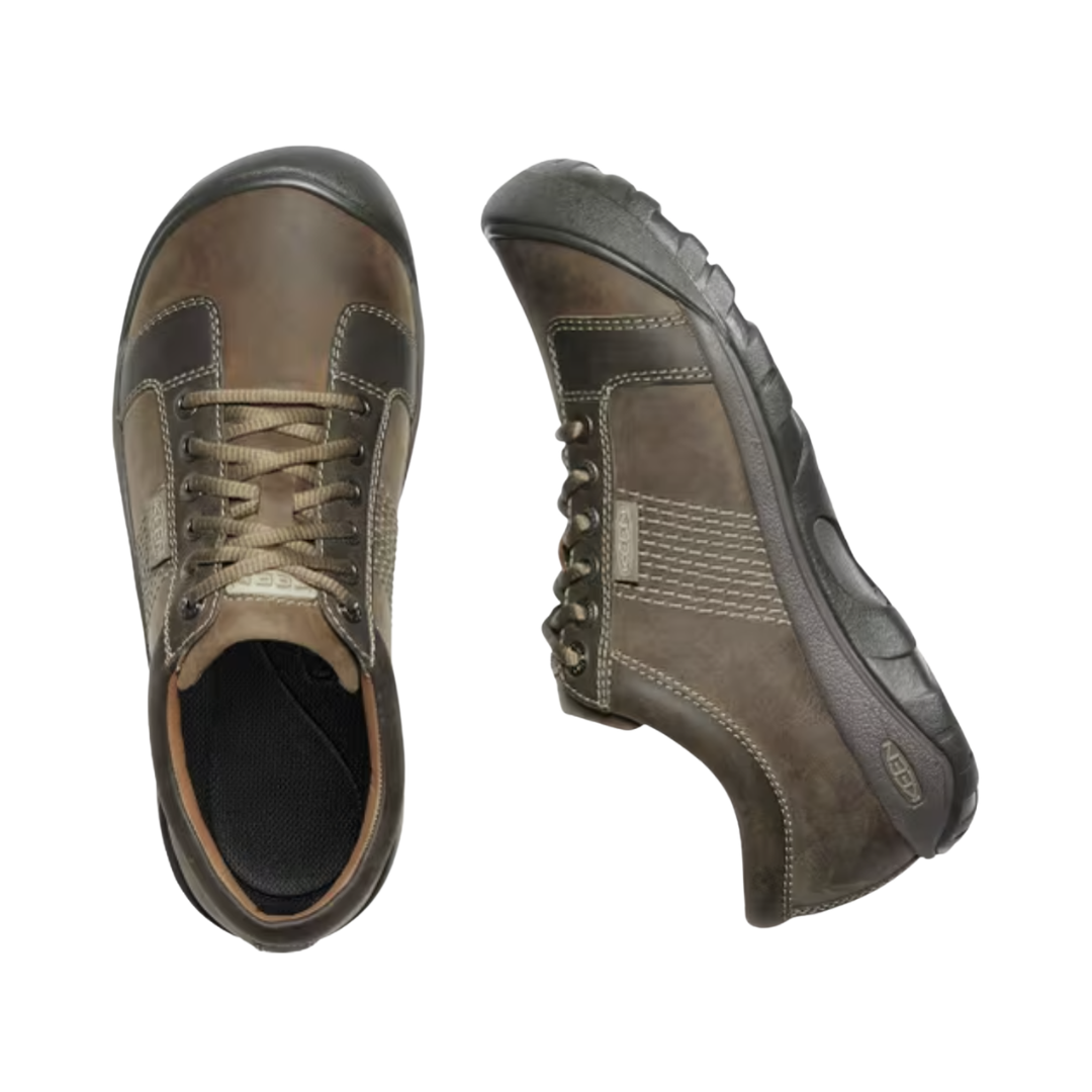 Top view of the KEEN Men's Austin in Brindle/Bungee Cord displaying the full-grain leather upper, secure lacing system, spacious forefoot, and removable footbed designed to accommodate custom or over-the-counter orthotics.
