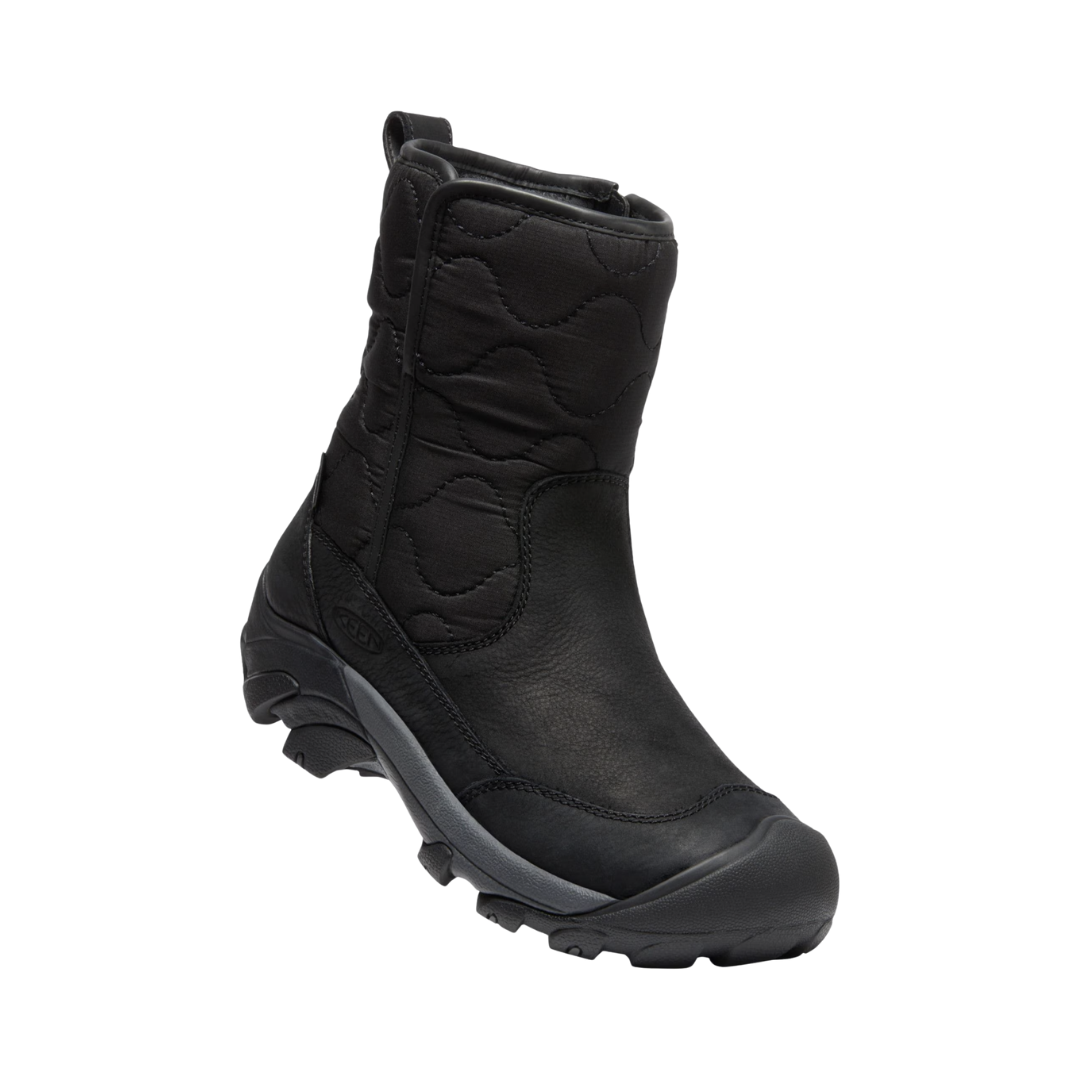 KEEN Women's Betty Waterproof Pull-On Boot in Black featuring a premium leather and textile upper, KEEN.DRY waterproof protection, microfleece insulation, and a durable rubber outsole.